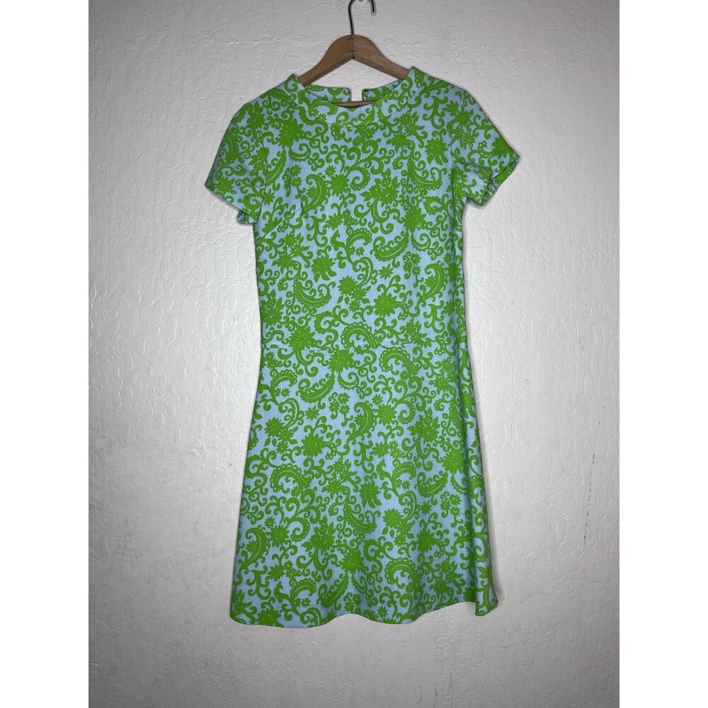 Vintage 1960s Mod Green Blue Floral Psychedelic Shift Dress Womens Size 10